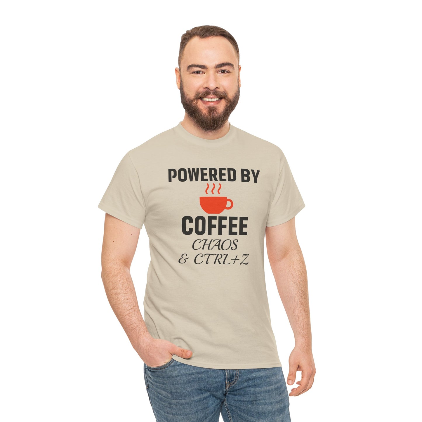 Powered By Coffee Chaos And CTRL+Z Unisex T-Shirt | Funny Coffee Lover Shirt, Perfect Office Gift, Casual Wear, Everyday Humor