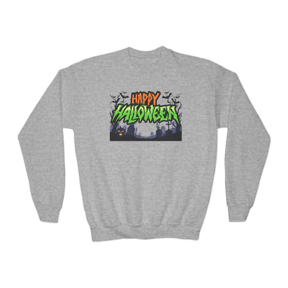 Happy Halloween Youth Crewneck Sweatshirt, Cute Halloween Gift, Spooky Sweatshirt, Fall Fashion, Kids Halloween Apparel
