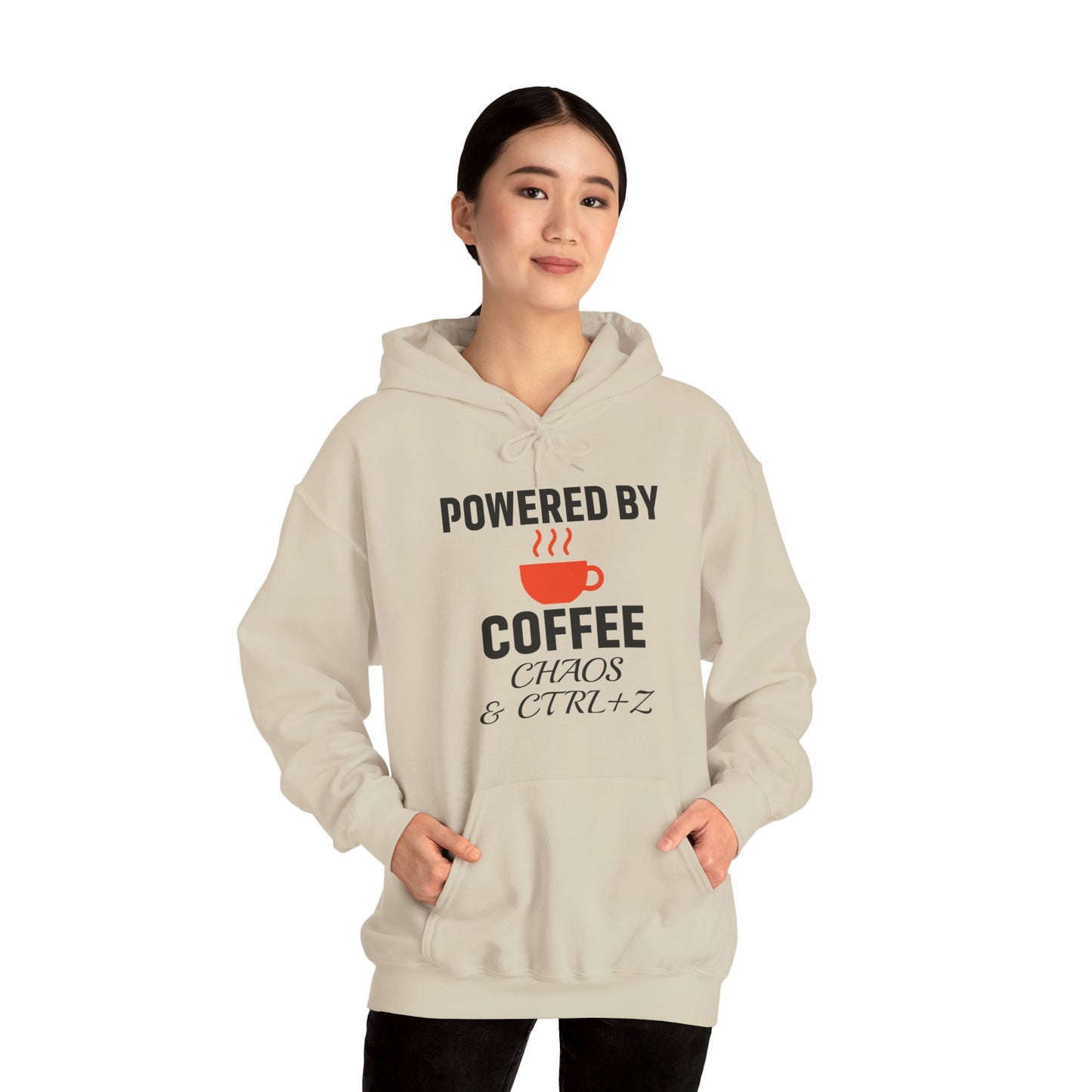 Powered By Coffee Chaos And CTRL+Z Unisex Hoodie | Cozy Gift for Coffee Lovers, Funny Sweatshirt, Office Work Attire, Perfect Gift
