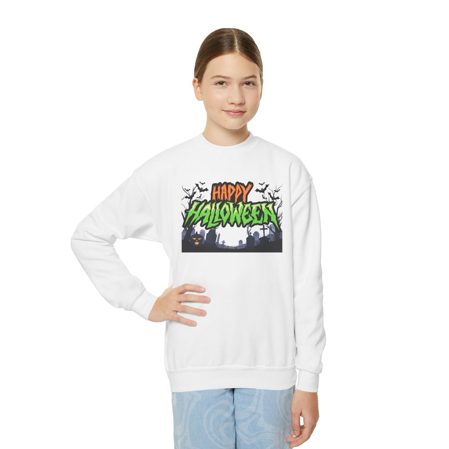 Happy Halloween Youth Crewneck Sweatshirt, Cute Halloween Gift, Spooky Sweatshirt, Fall Fashion, Kids Halloween Apparel