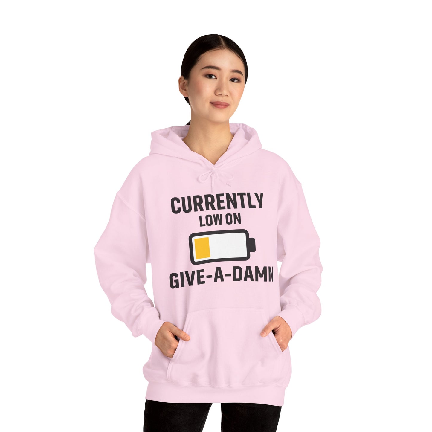 Currently Low On Give-A-Damn Unisex Hoodie | Casual Gift for Office Friends, Cozy Hoodie for Laughs, Humorous Apparel