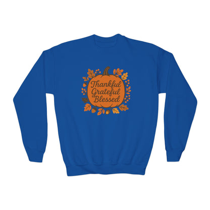 Thankful Grateful Blessed Youth Unisex Sweatshirt | Cozy Autumn Wear, Thanksgiving Gift, Family Gathering Outfit