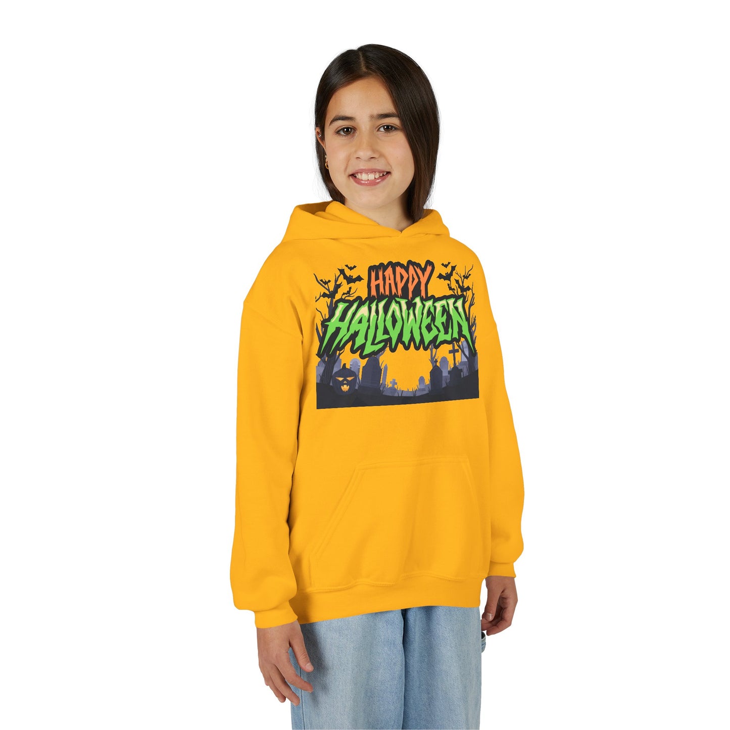 Halloween Youth Hoodie with 'Happy Halloween' Design, Cute Halloween [...]