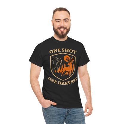 Hunting Tee Shirt, One Shot One Harvest Graphic Shirt, Outdoor Apparel, Gift for Hunters, Casual Wear, Hunting Season T-Shirt