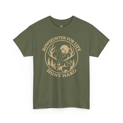 Unisex Heavy Cotton Tee featuring 'Bowhunter for Life - Hunt Hard' Graphic, Perfect for Hunters, Outdoor Enthusiasts