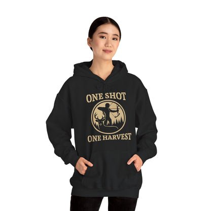 Hunting Themed Unisex Hoodie, Perfect for Bow Hunters, Fall Gatherings, Gifts, Cozy Layering, One Shot One Harvest Design