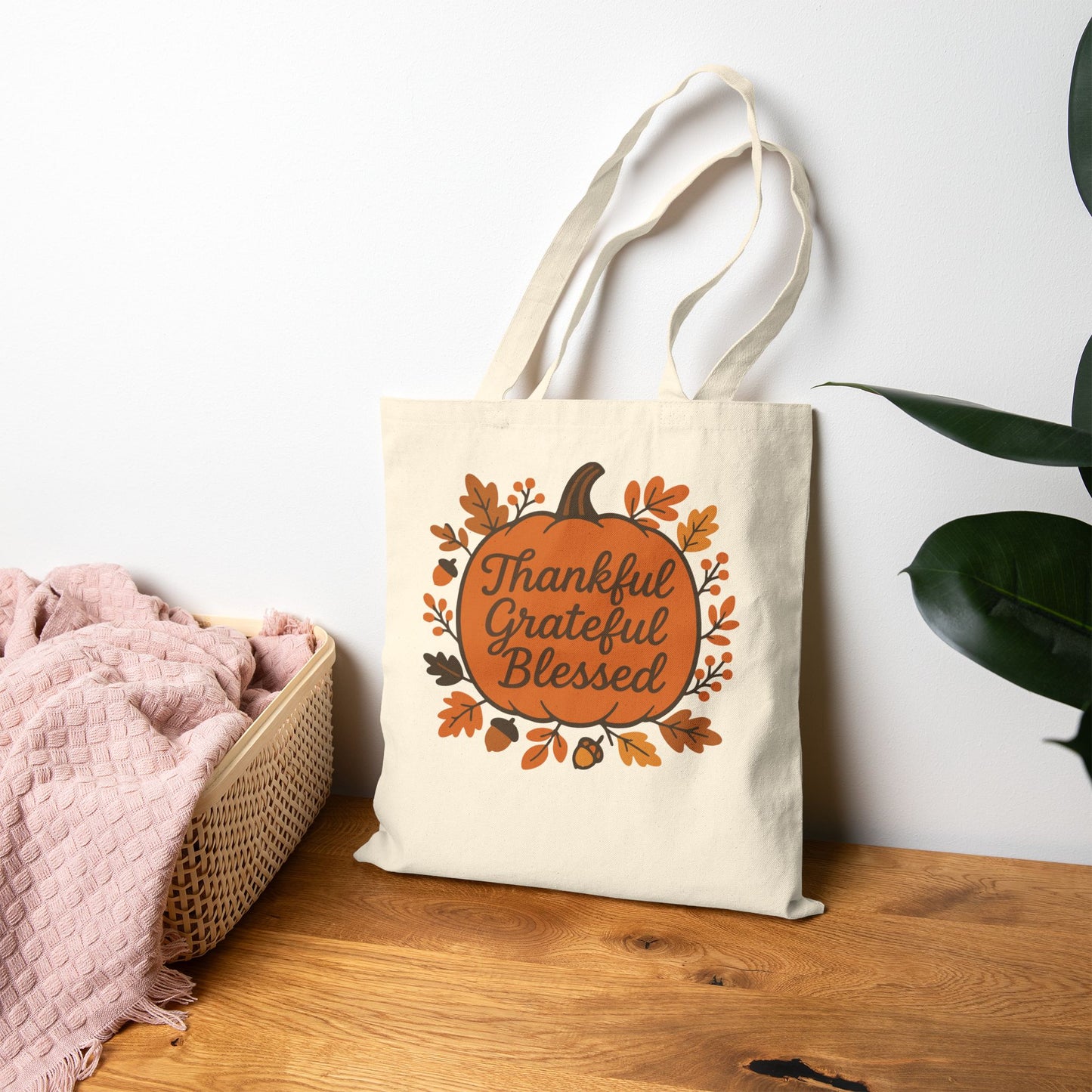 Thankful Grateful Blessed Cotton Canvas Tote Bag, Fall Tote, Autumn Gift, Thanksgiving Shopping Bag, Eco-Friendly Reusable Bag