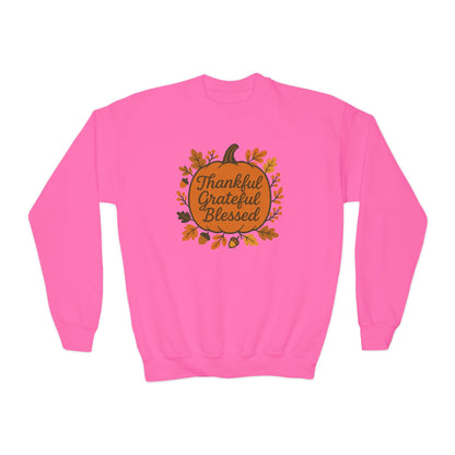Thankful Grateful Blessed Youth Unisex Sweatshirt | Cozy Autumn Wear, Thanksgiving Gift, Family Gathering Outfit