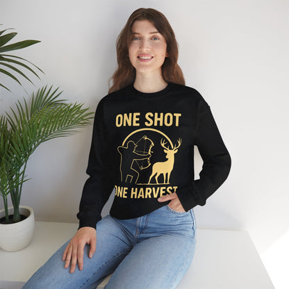 Hunting-Themed Crewneck Sweatshirt, Outdoor Apparel, Gift for Hunters, Fall Fashion, Men's Sweatshirt, One Shot One Harvest