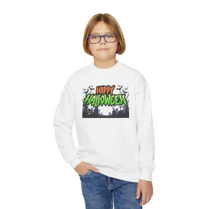 Happy Halloween Youth Crewneck Sweatshirt, Cute Halloween Gift, Spooky Sweatshirt, Fall Fashion, Kids Halloween Apparel