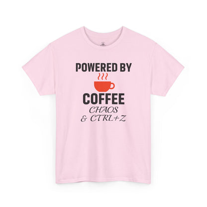 Powered By Coffee Chaos And CTRL+Z Unisex T-Shirt | Funny Coffee Lover Shirt, Perfect Office Gift, Casual Wear, Everyday Humor
