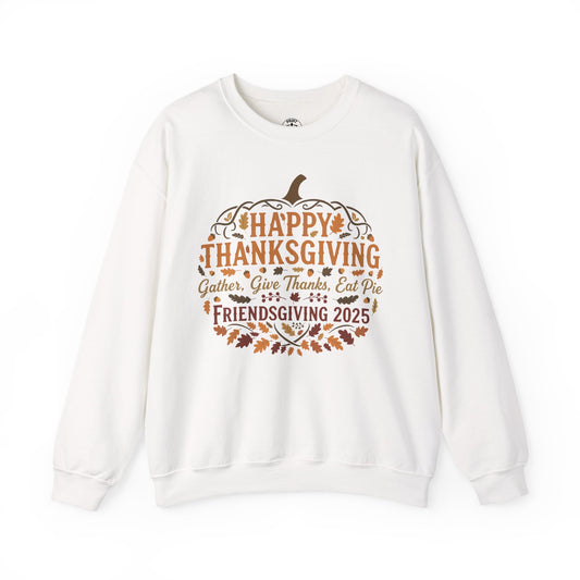 Happy Thanksgiving Friendsgiving 2025 Unisex Sweatshirt | Cozy Fall Apparel, Gift for Friends, Pumpkin Design, Autumn Fashion