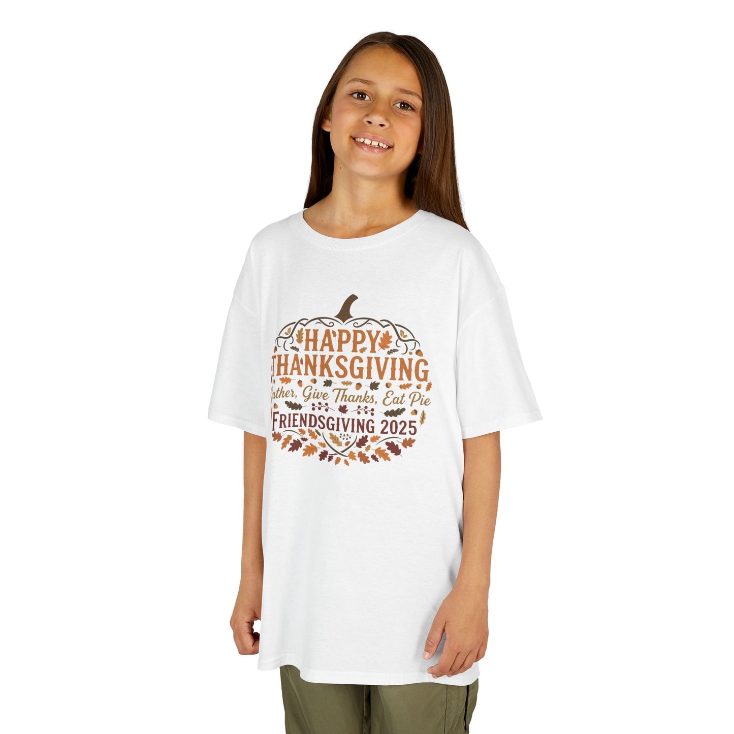 Happy Thanksgiving Friendsgiving 2025 Youth Unisex T-Shirt | Cute Thanksgiving Shirt, Fall Kids Clothing, Pumpkin Graphic Tee