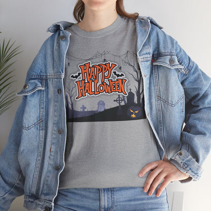 Happy Halloween Unisex Heavy Cotton Tee, Spooky T-Shirt, Halloween Apparel, Gifts for Halloween Lovers, Trick or Treat Shirt