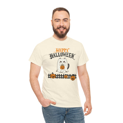 Halloween Cat Heavy Cotton Tee, Unisex, Spooky Fall Apparel, Cat Lover Shirt