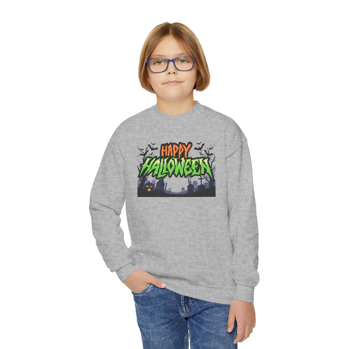 Happy Halloween Youth Crewneck Sweatshirt, Cute Halloween Gift, Spooky Sweatshirt, Fall Fashion, Kids Halloween Apparel