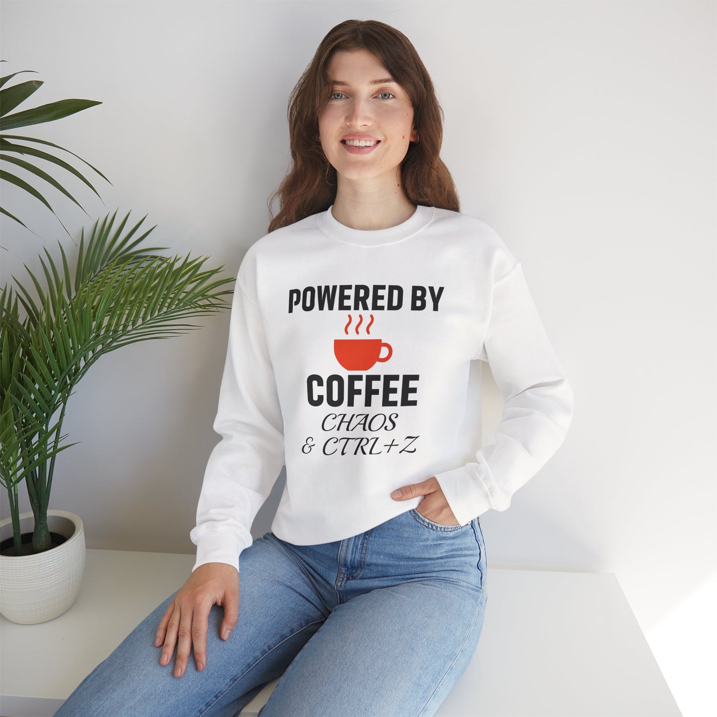 Powered By Coffee Chaos And CTRL+Z Unisex Sweatshirt | Cozy Gift for Coffee Lovers, Trendy Casual Wear, Perfect for Office Gift