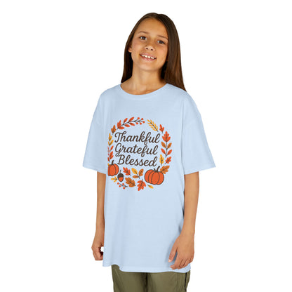 Thankful Grateful Blessed Youth Unisex T-Shirt | Thanksgiving Tee, Kids Autumn Apparel, Pumpkin Graphic Shirt, Seasonal Kids Clothing