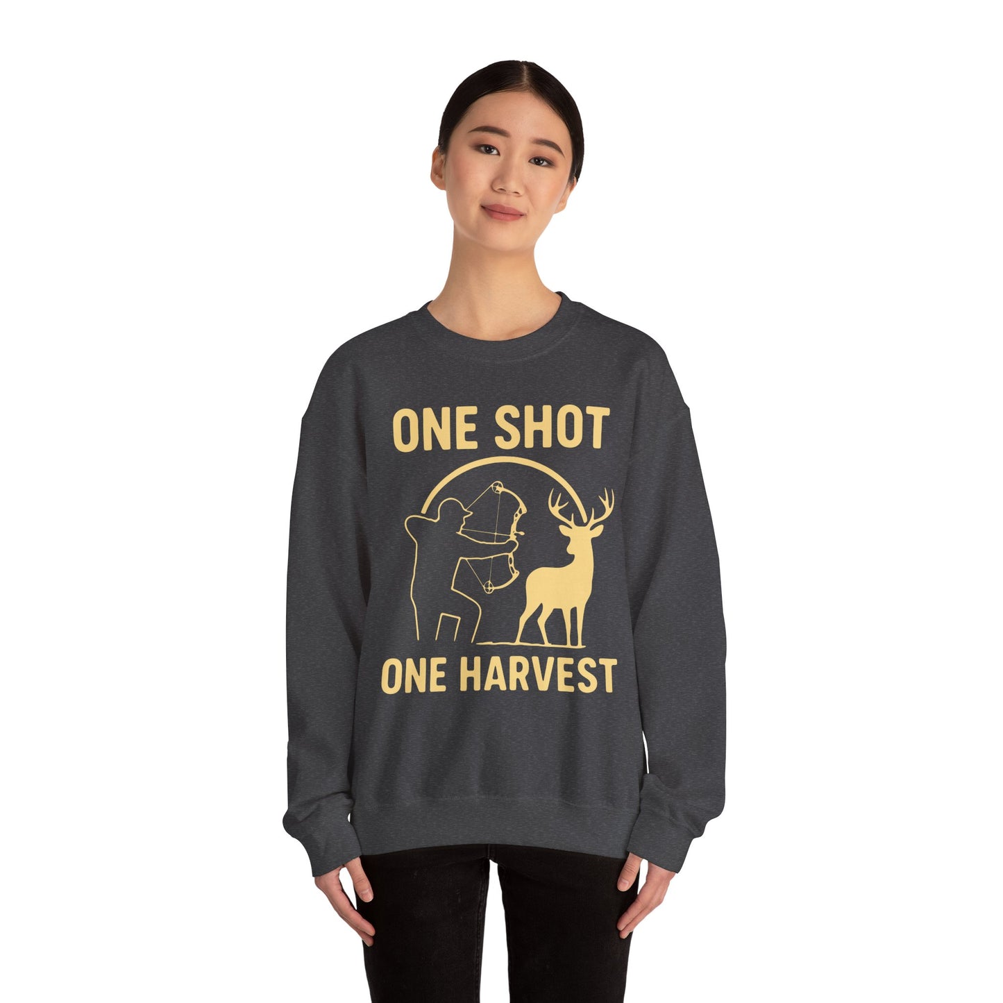 Hunting-Themed Crewneck Sweatshirt, Outdoor Apparel, Gift for Hunters, Fall Fashion, Men's Sweatshirt, One Shot One Harvest
