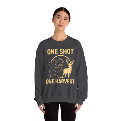 Hunting-Themed Crewneck Sweatshirt, Outdoor Apparel, Gift for Hunters, Fall Fashion, Men's Sweatshirt, One Shot One Harvest