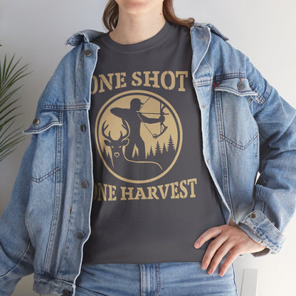 Hunting Tee, One Shot One Harvest Unisex Heavy Cotton Shirt, Outdoor Adventure Wear, Gift for Hunters, Camping Apparel, Fall Sportswear