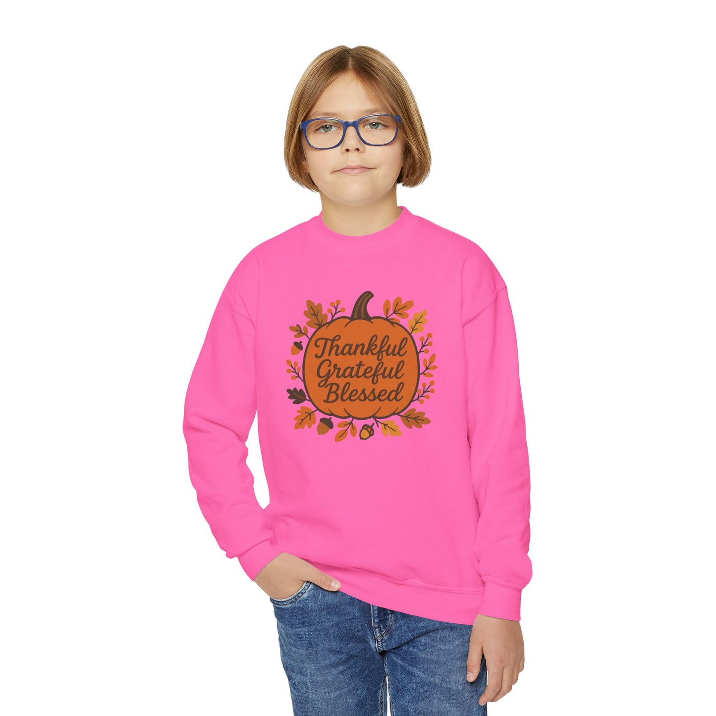 Thankful Grateful Blessed Youth Unisex Sweatshirt | Cozy Autumn Wear, Thanksgiving Gift, Family Gathering Outfit