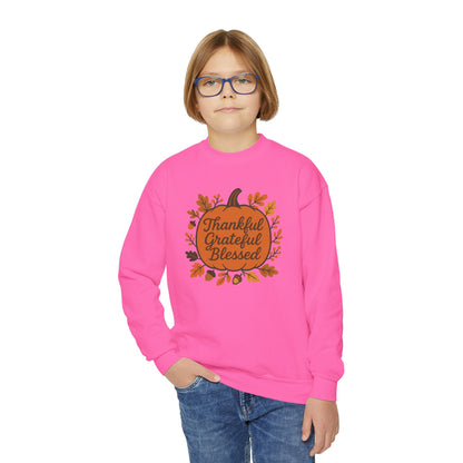 Thankful Grateful Blessed Youth Unisex Sweatshirt | Cozy Autumn Wear, Thanksgiving Gift, Family Gathering Outfit