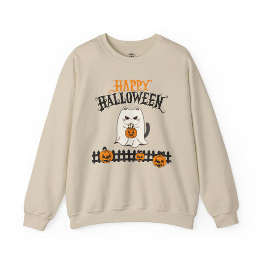 Halloween Cat Crewneck Sweatshirt, Cozy Fall Style, Unisex, Pumpkins, Cute Cat