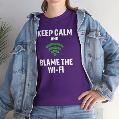 Keep Calm Blame the Wi-Fi Tee, Funny Unisex Heavy Cotton Tee, Perfect for Tech Lovers, Office Gifts, Internet Humor Shirt