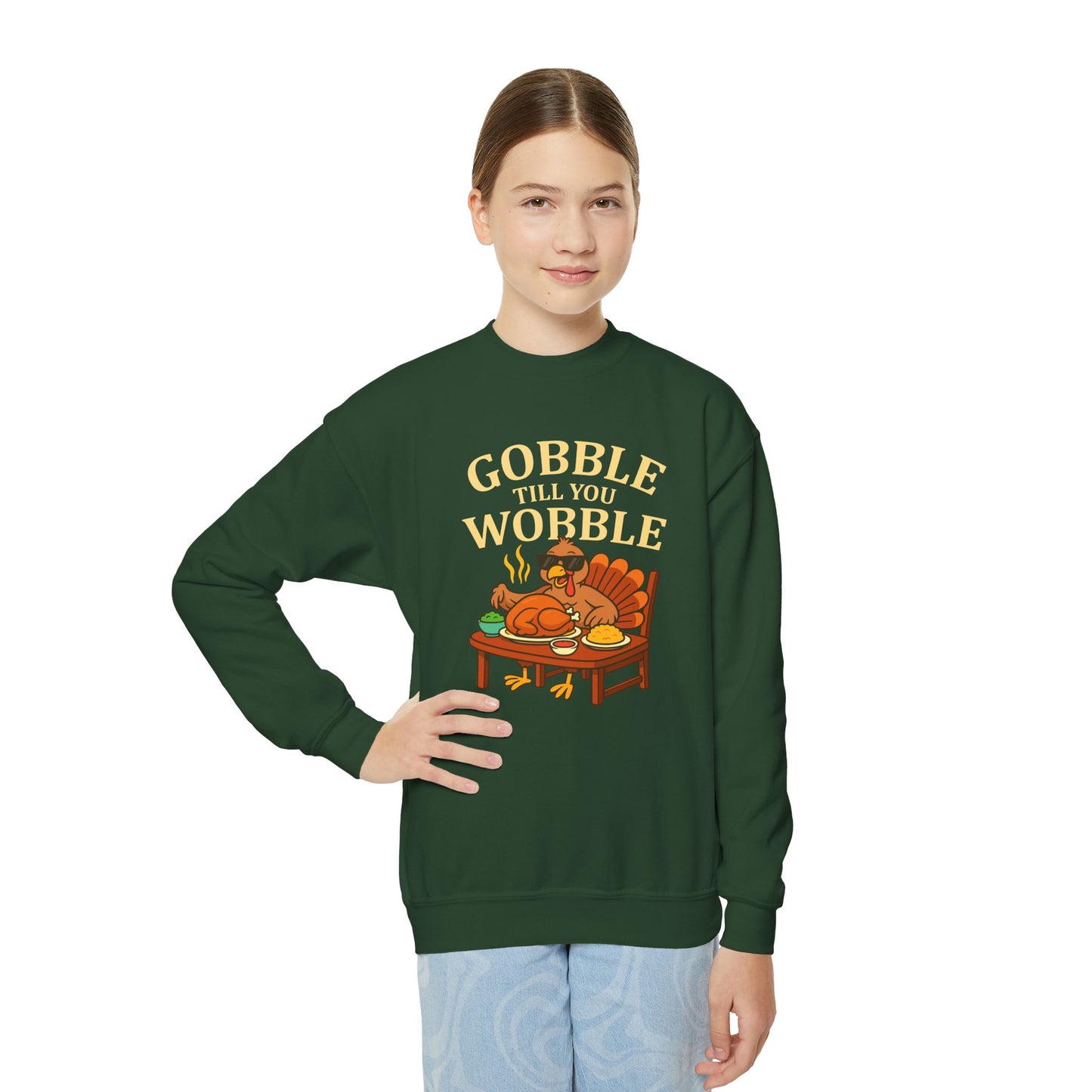 Youth Crewneck Sweatshirt - Gobble Till You Wobble, Thanksgiving Gift, Fall Fashion, Youth Apparel, Cozy Sweater, Holiday Wear