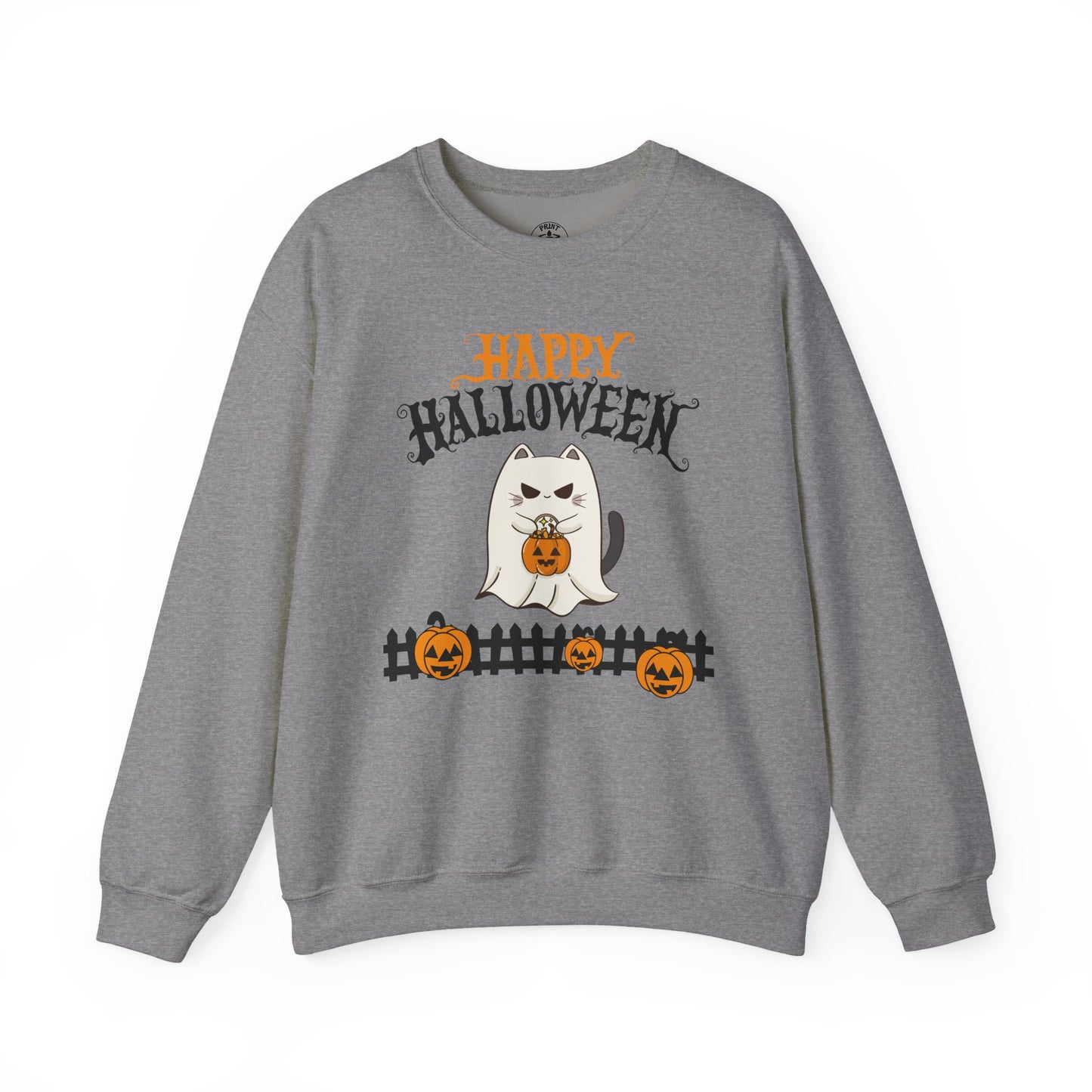 Halloween Cat Crewneck Sweatshirt, Cozy Fall Style, Unisex, Pumpkins, Cute Cat