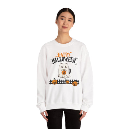 Halloween Cat Crewneck Sweatshirt, Cozy Fall Style, Unisex, Pumpkins, Cute Cat