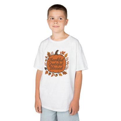 Thankful Grateful Blessed Kids Tee, Fall Shirt, Autumn Outfit, Thanksgiving Gift, Kids Cotton T-Shirt
