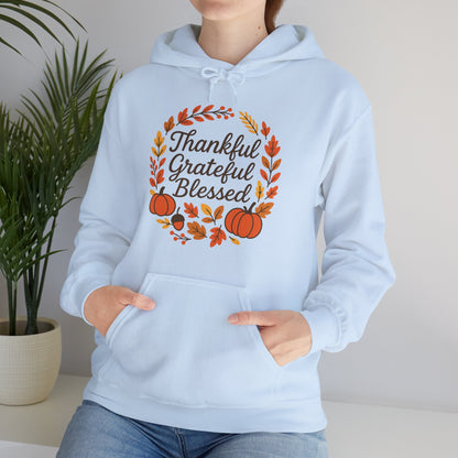 Thankful Grateful Blessed Unisex Hoodie | Cozy Fall Sweatshirt, Thanksgiving Gift, Autumn Apparel, Crewneck Sweatshirt