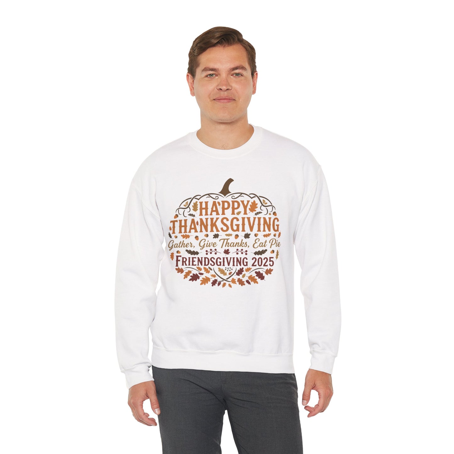 Happy Thanksgiving Friendsgiving 2025 Unisex Sweatshirt | Cozy Fall Apparel, Gift for Friends, Pumpkin Design, Autumn Fashion