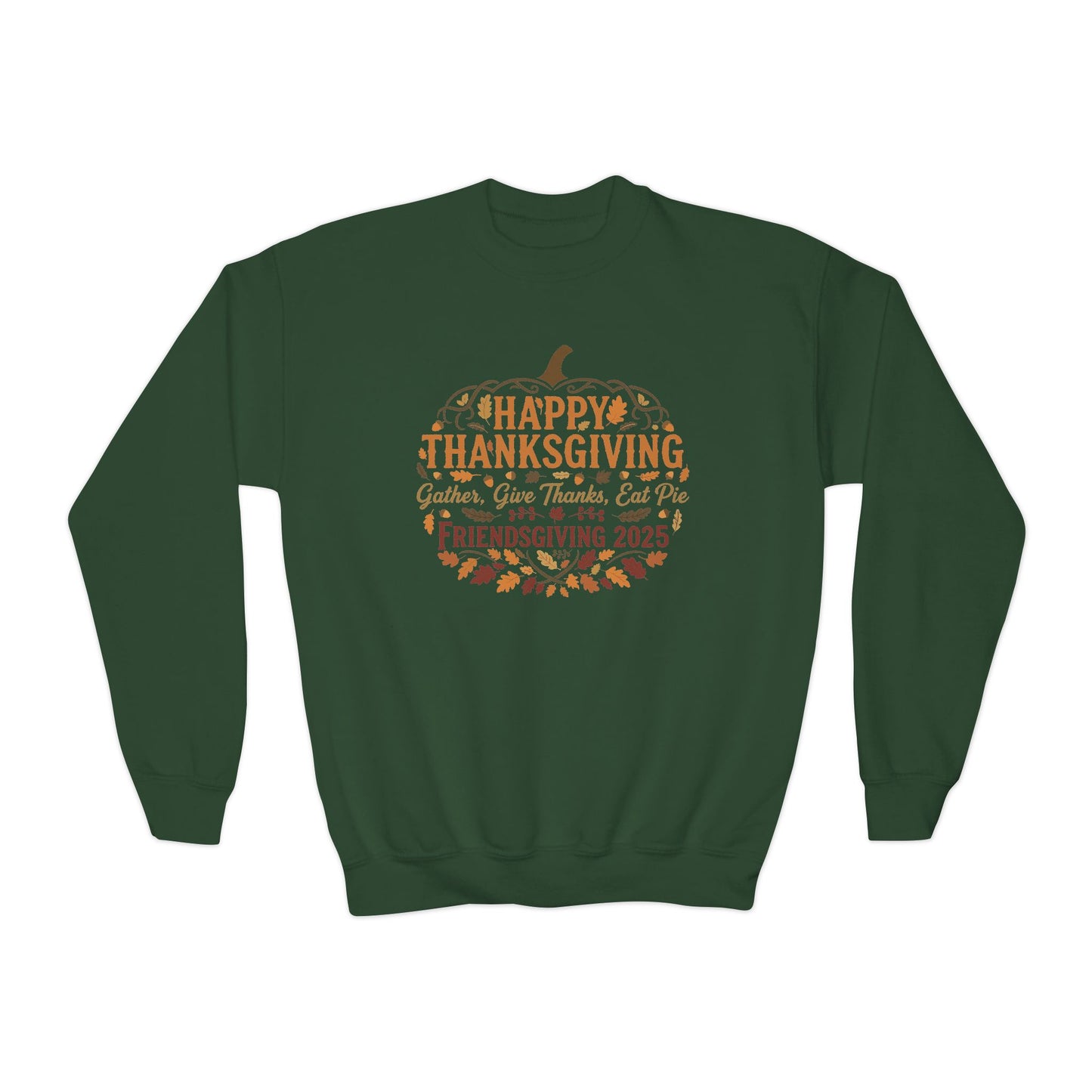 Happy Thanksgiving Youth Crewneck Sweatshirt, Fall Apparel, Pumpkin Design, Cozy Gift, Friendsgiving 2025