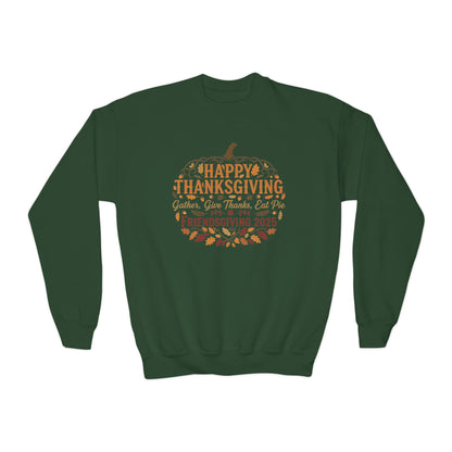 Happy Thanksgiving Youth Crewneck Sweatshirt, Fall Apparel, Pumpkin Design, Cozy Gift, Friendsgiving 2025