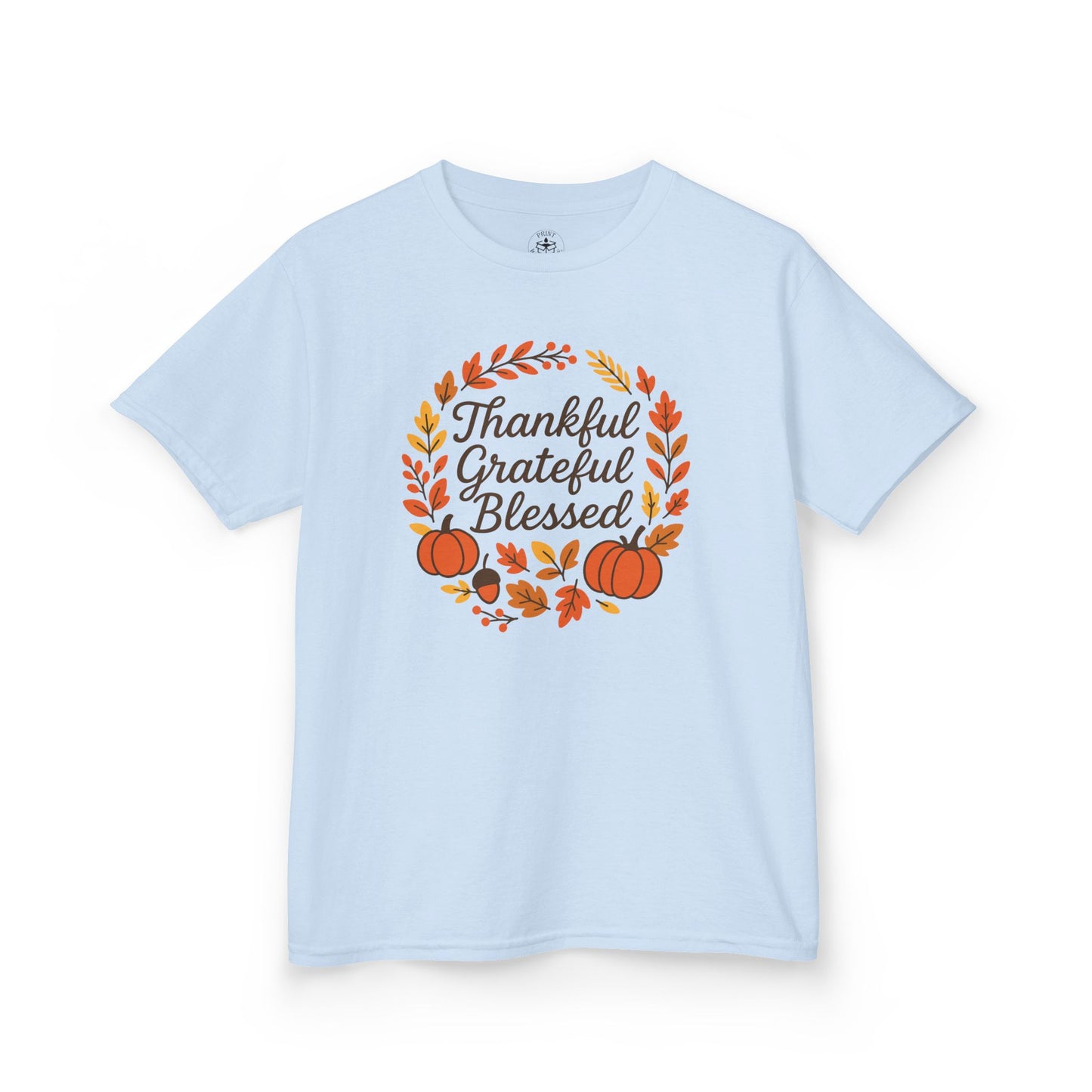 Thankful Grateful Blessed Youth Unisex T-Shirt | Thanksgiving Tee, Kids Autumn Apparel, Pumpkin Graphic Shirt, Seasonal Kids Clothing
