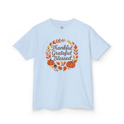 Thankful Grateful Blessed Youth Unisex T-Shirt | Thanksgiving Tee, Kids Autumn Apparel, Pumpkin Graphic Shirt, Seasonal Kids Clothing