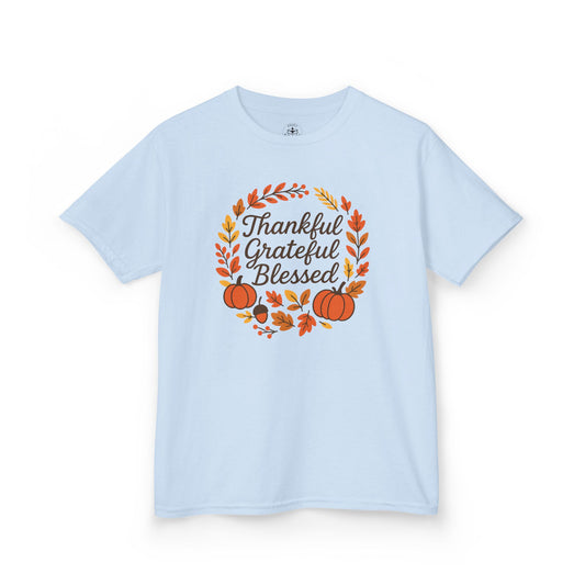 Thankful Grateful Blessed Youth Unisex T-Shirt | Thanksgiving Tee, Kids Autumn Apparel, Pumpkin Graphic Shirt, Seasonal Kids Clothing