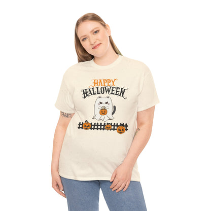 Halloween Cat Heavy Cotton Tee, Unisex, Spooky Fall Apparel, Cat Lover Shirt