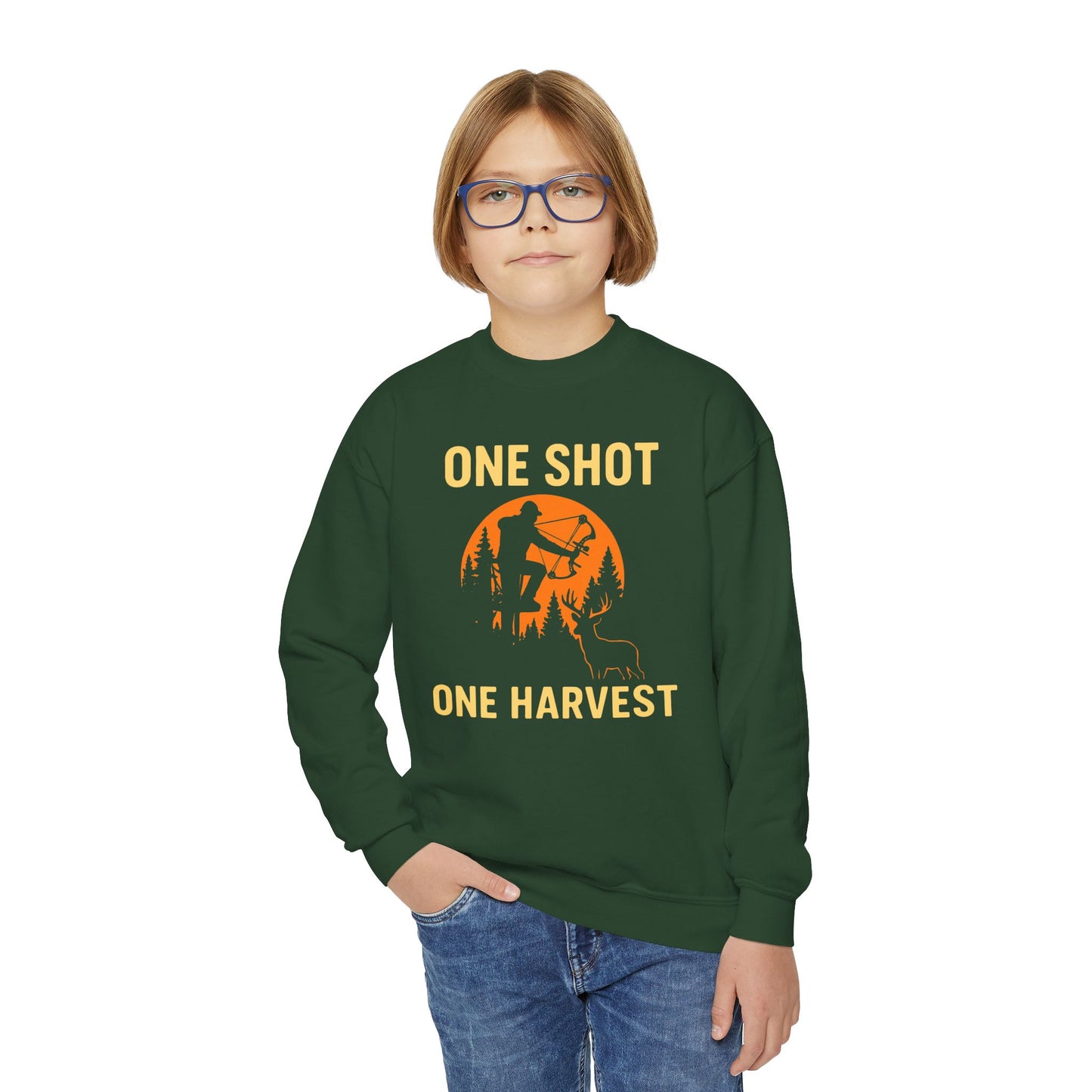 One Shot One Harvest Youth Unisex Sweatshirt | Perfect for Young Outdoorsmen, Fall Gifts, Family Adventures, Sporty Style