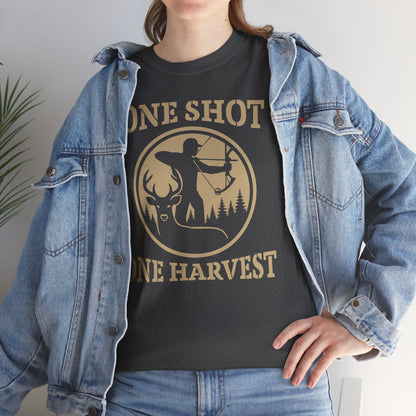 Hunting Tee, One Shot One Harvest Unisex Heavy Cotton Shirt, Outdoor Adventure Wear, Gift for Hunters, Camping Apparel, Fall Sportswear