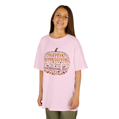 Happy Thanksgiving Friendsgiving 2025 Youth Unisex T-Shirt | Cute Thanksgiving Shirt, Fall Kids Clothing, Pumpkin Graphic Tee