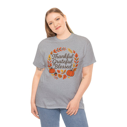Thankful Grateful Blessed Tee, Fall T-Shirt, Thanksgiving Gift, Autumn Apparel, Unisex Graphic Tee