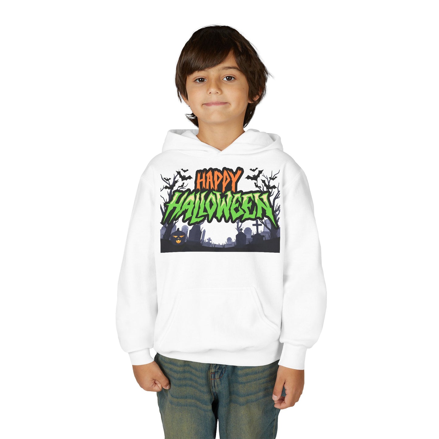 Halloween Youth Hoodie with 'Happy Halloween' Design, Cute Halloween [...]
