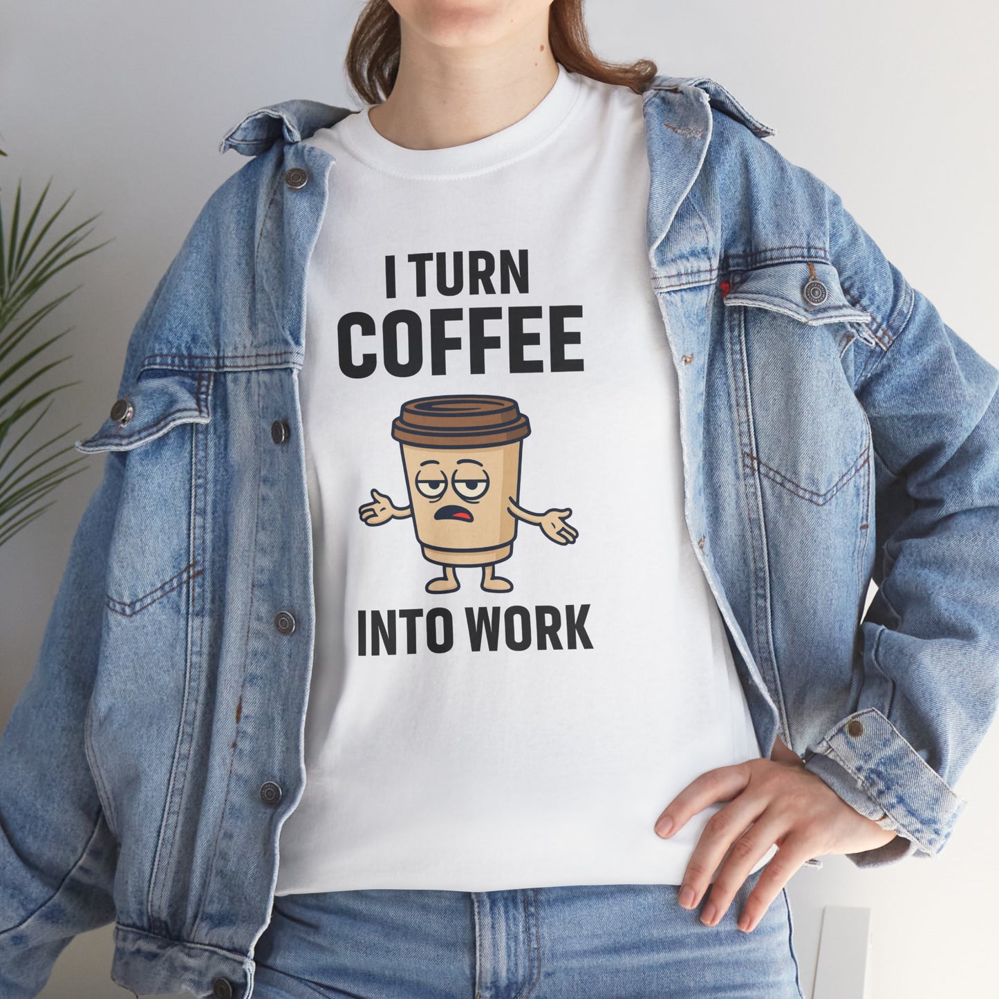 I Turn Coffee Into Work Tee, Funny Coffee Lover T-Shirt, Great for Office Wear, Gift for Coffee Addicts, Casual Wear