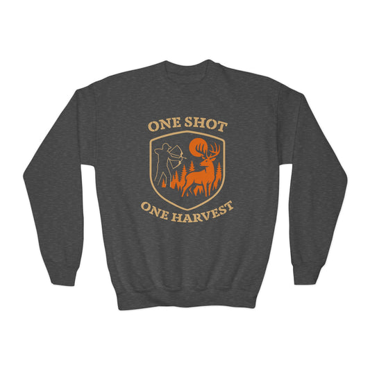 Youth Hunting Sweatshirt, One Shot One Harvest, Perfect Gift for Young Hunters, Outdoor Sportswear, Fall and Winter Apparel