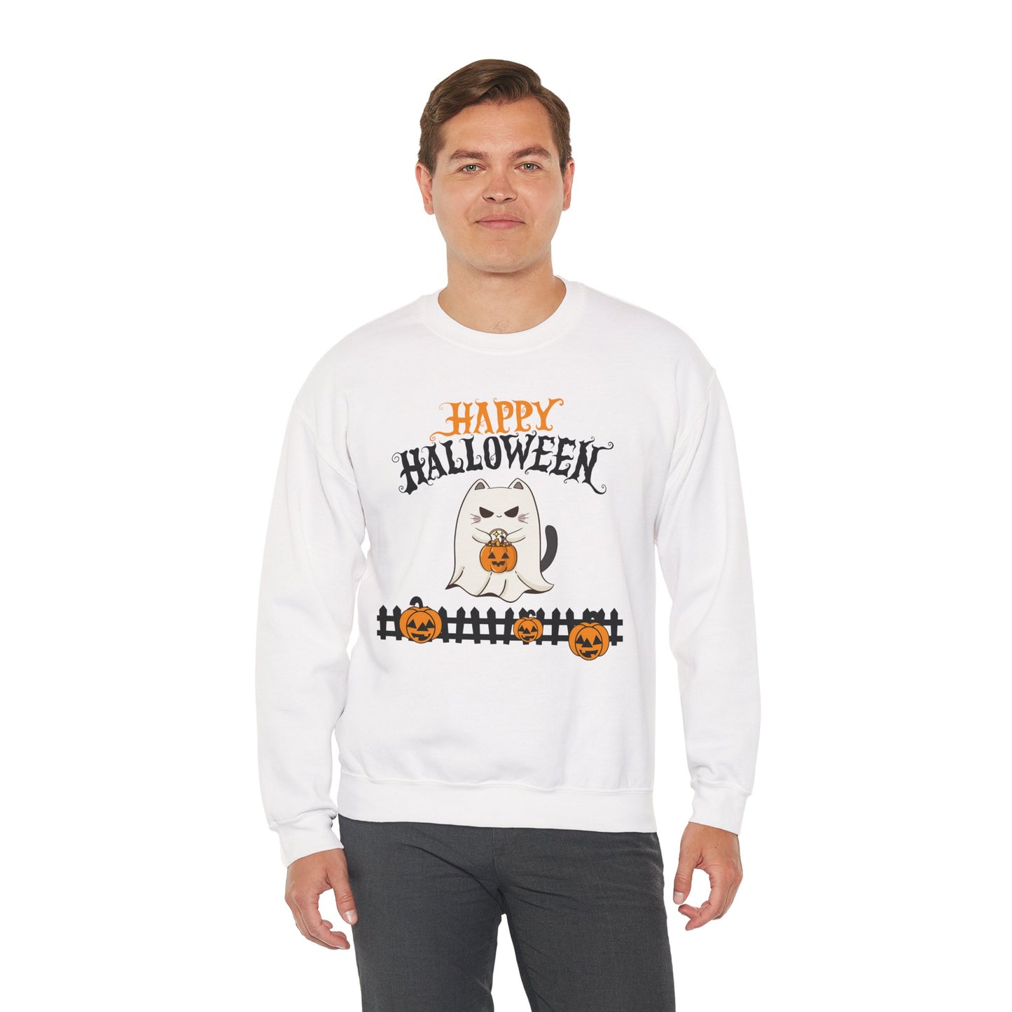 Halloween Cat Crewneck Sweatshirt, Cozy Fall Style, Unisex, Pumpkins, Cute Cat