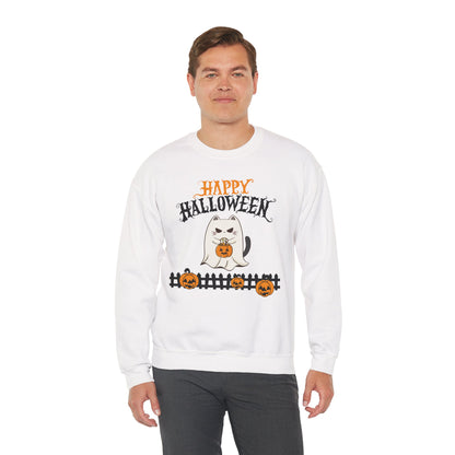 Halloween Cat Crewneck Sweatshirt, Cozy Fall Style, Unisex, Pumpkins, Cute Cat